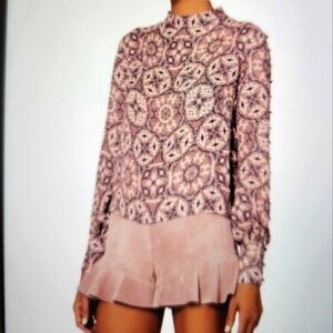 INTERMIX 100% Silk Kaleidoscope Print Mock Neck Blouse Top Split Back